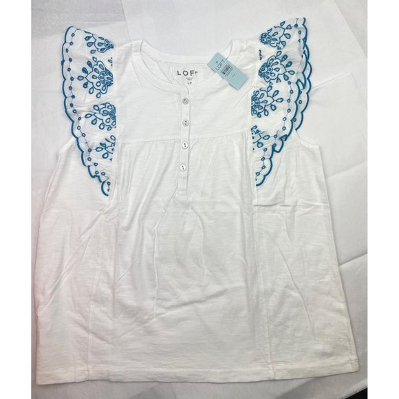 LOFT Women Petite Eyelet Flutter Henley Mixed Media Top L - Picture 4 of 14